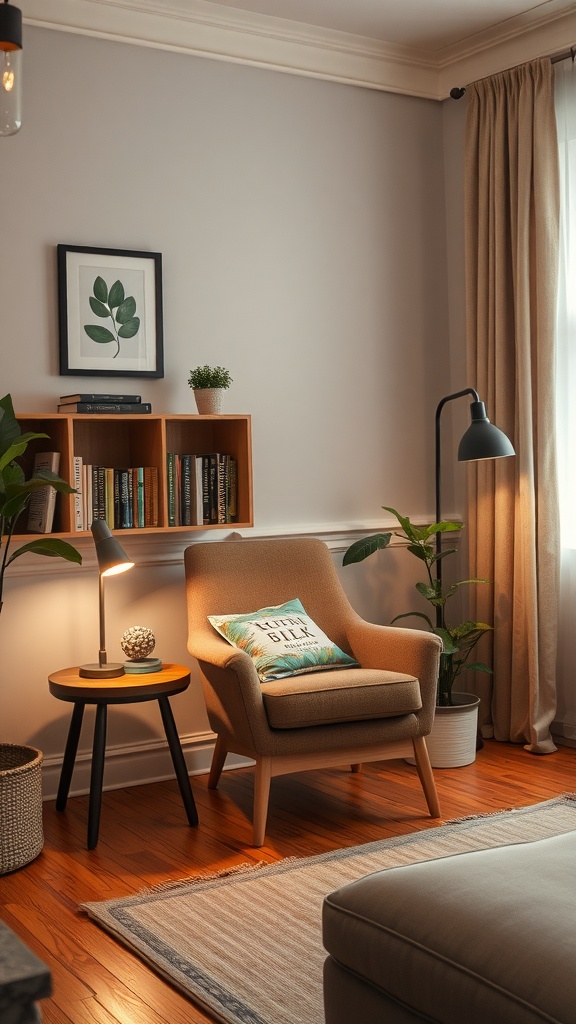 Cozy reading nook with a chair, side table, and bookshelves