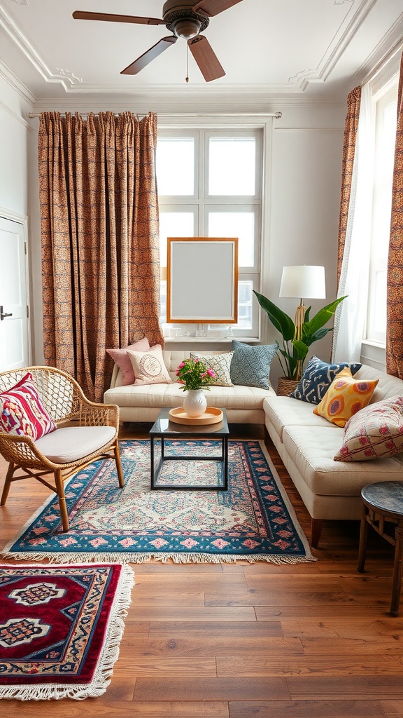 A cozy living room featuring eclectic textiles and patterns, including colorful pillows, patterned curtains, and decorative rugs.