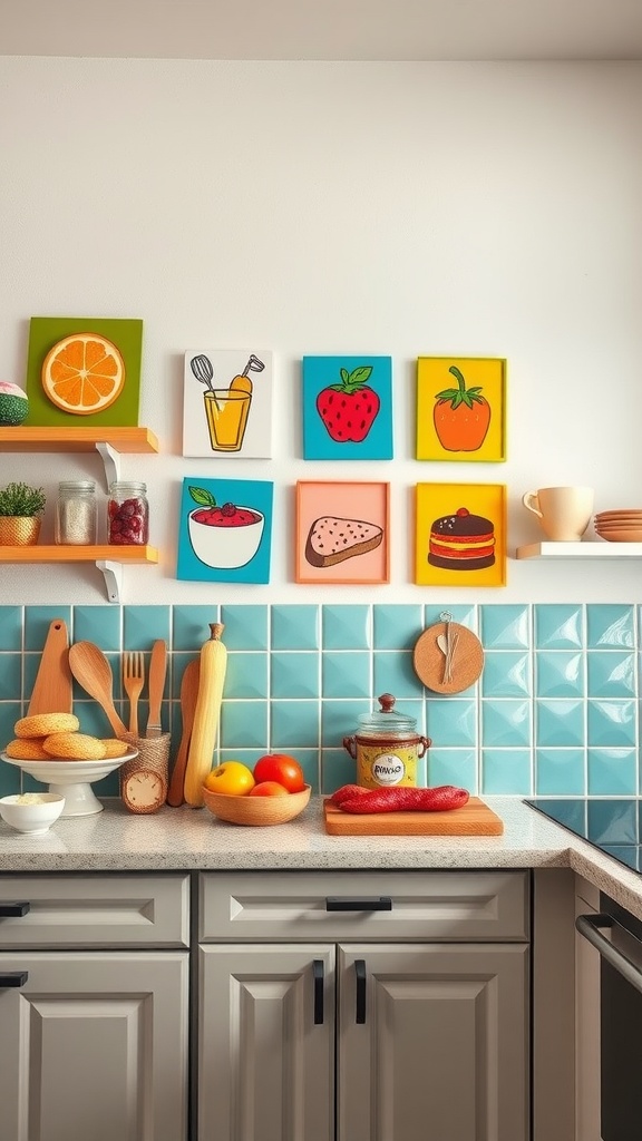 Colorful food-themed paintings on a kitchen wall, featuring fruits, drinks, and desserts.