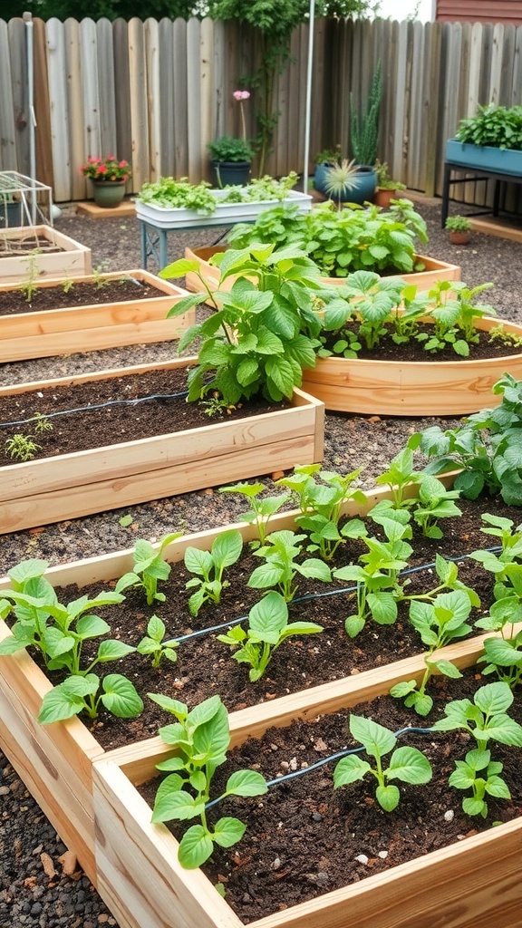 Several wooden raised vegetable garden beds filled with green plants in a backyard.