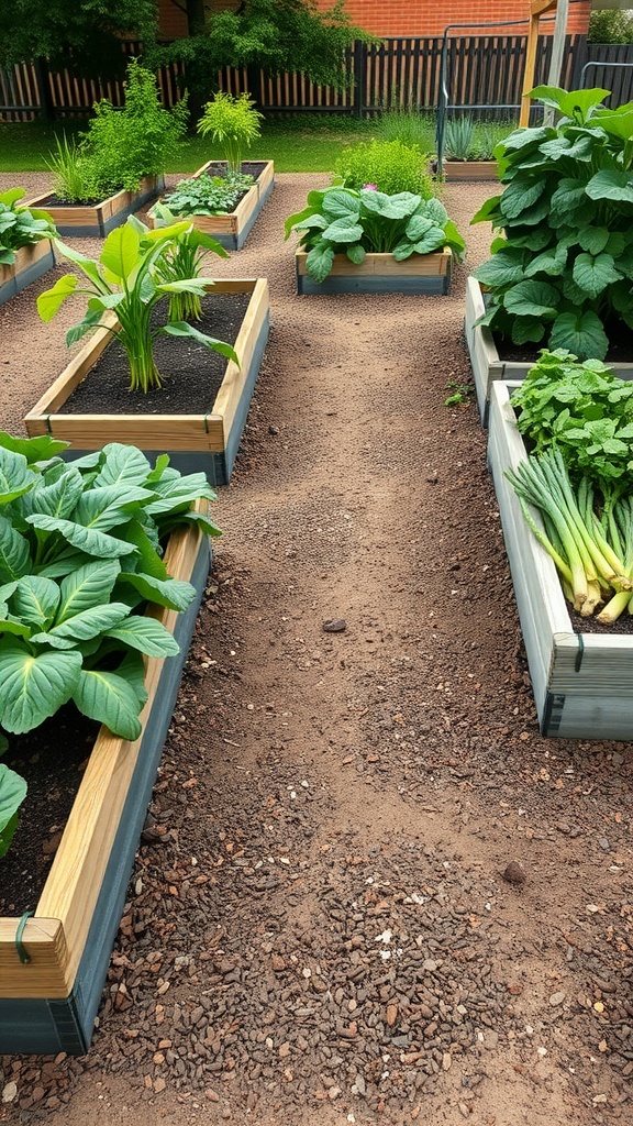 A garden with raised vegetable beds filled with various plants and a pathway for easy access.