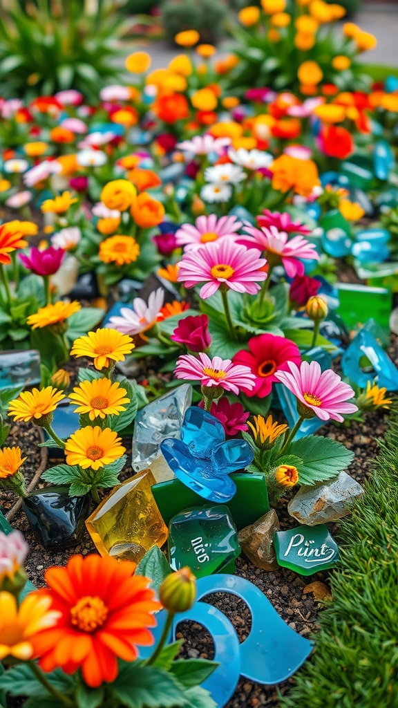 A colorful flower bed featuring various flowers and pieces of recycled glass as edging.