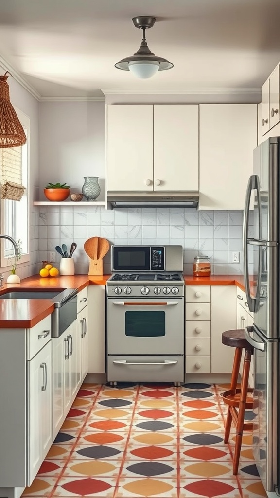 Mid-century modern kitchen featuring retro-inspired appliances with colorful accents
