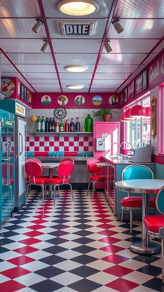 A vibrant retro diner kitchen with red and aqua decor, checkered floor, and classic diner furniture.