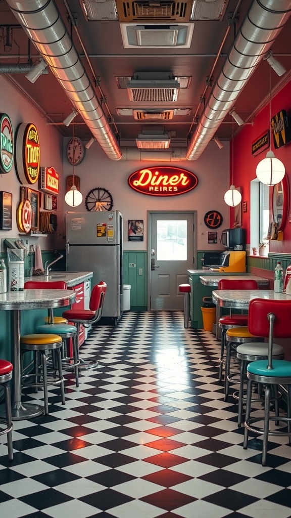 A retro diner style kitchen with colorful stools, a checkerboard floor, and vibrant decor.