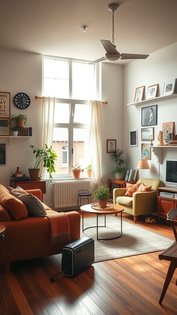 A cozy living room with vintage furniture, decor, and a warm atmosphere.
