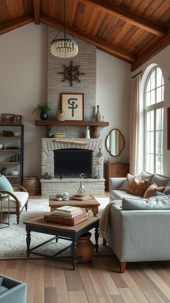 Cozy living room featuring rustic elements like a stone fireplace and wooden beams, combined with modern furniture.