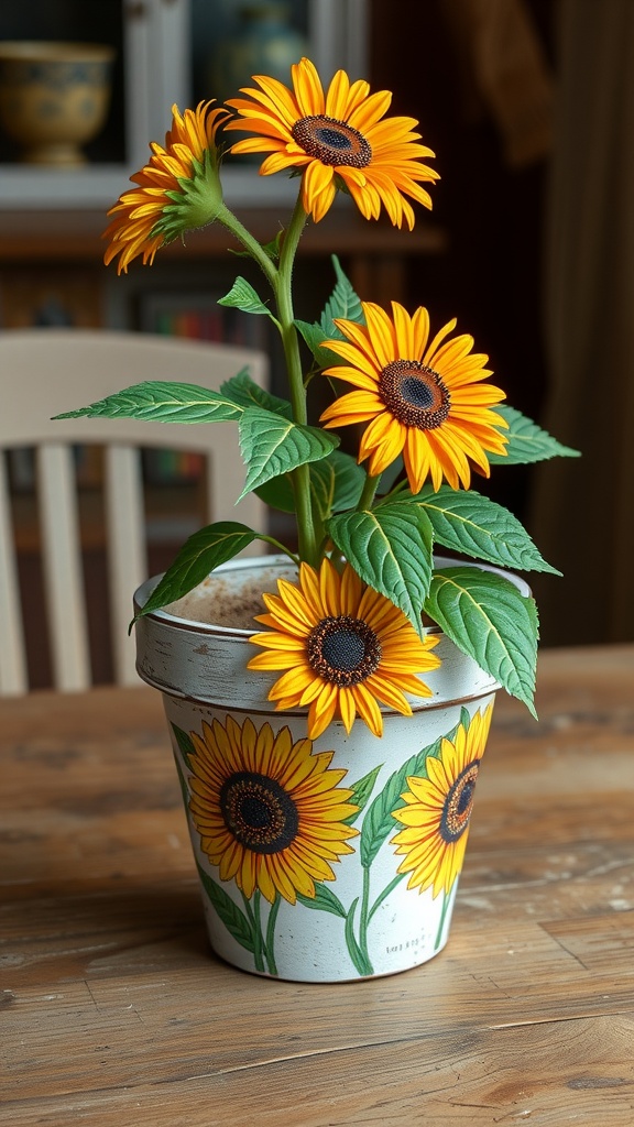A painted flower pot with sunflowers, displaying rustic country charm.