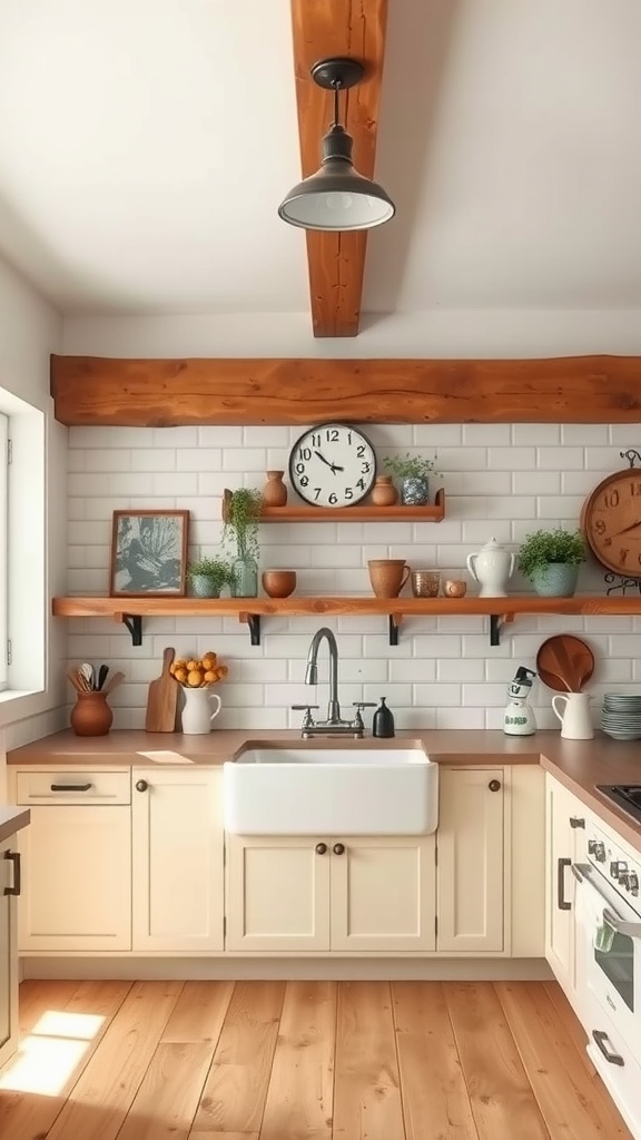 A cozy rustic farmhouse kitchen with wooden beams, a large sink, and charming decor