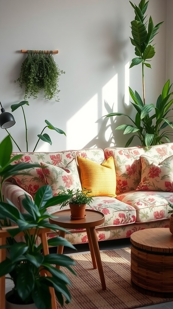 A cozy living room featuring a floral upholstered sofa with colorful plants.
