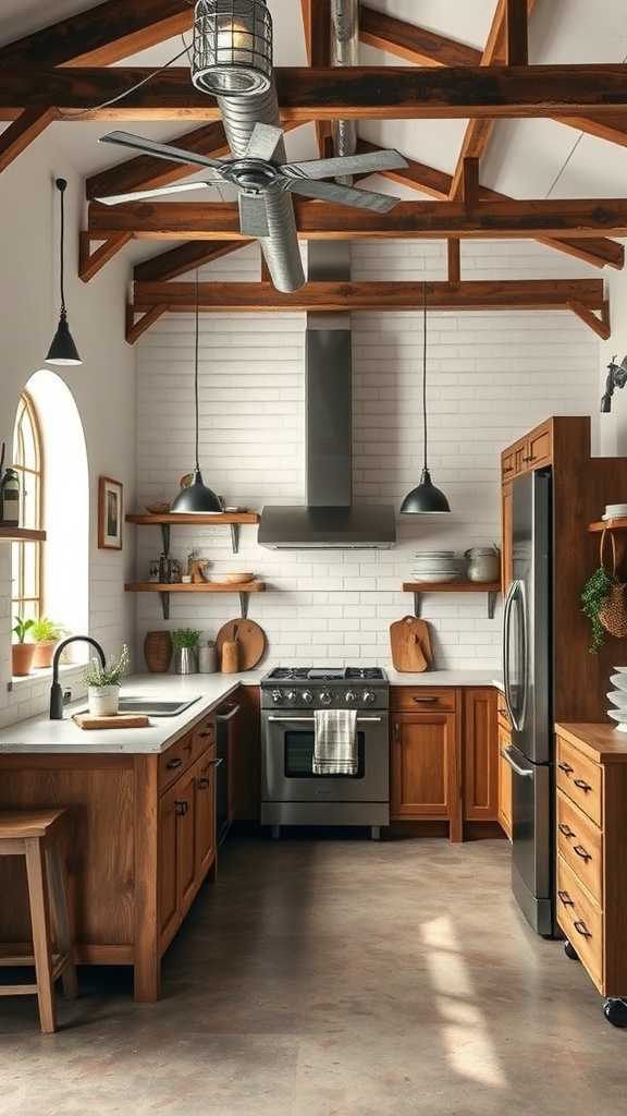 A rustic industrial fusion kitchen featuring wooden cabinets, metal accents, and exposed beams.