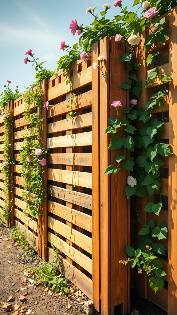 A rustic pallet fence adorned with colorful flowers.