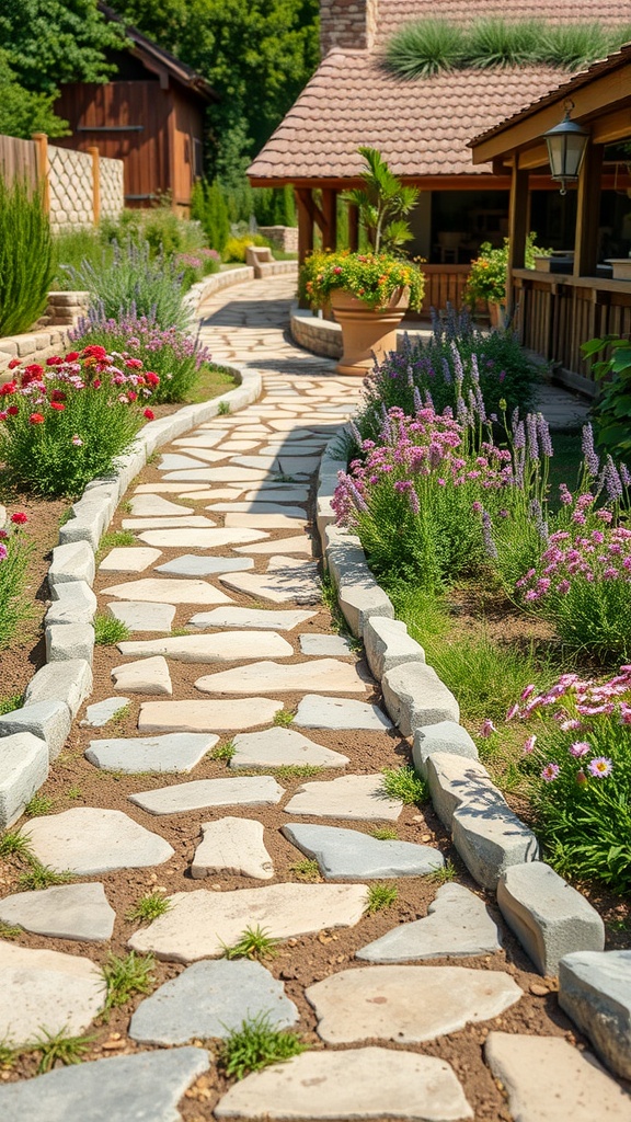 A rustic stone pathway winding through a garden with flowers