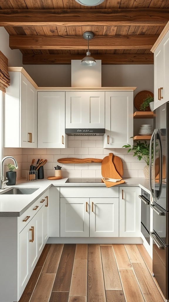 A cozy kitchen featuring white cabinets and rustic wood accents.