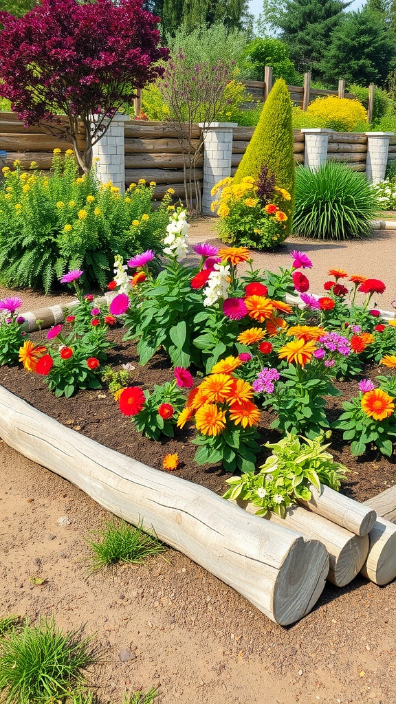 A vibrant garden with colorful flowers surrounded by rustic wooden logs.