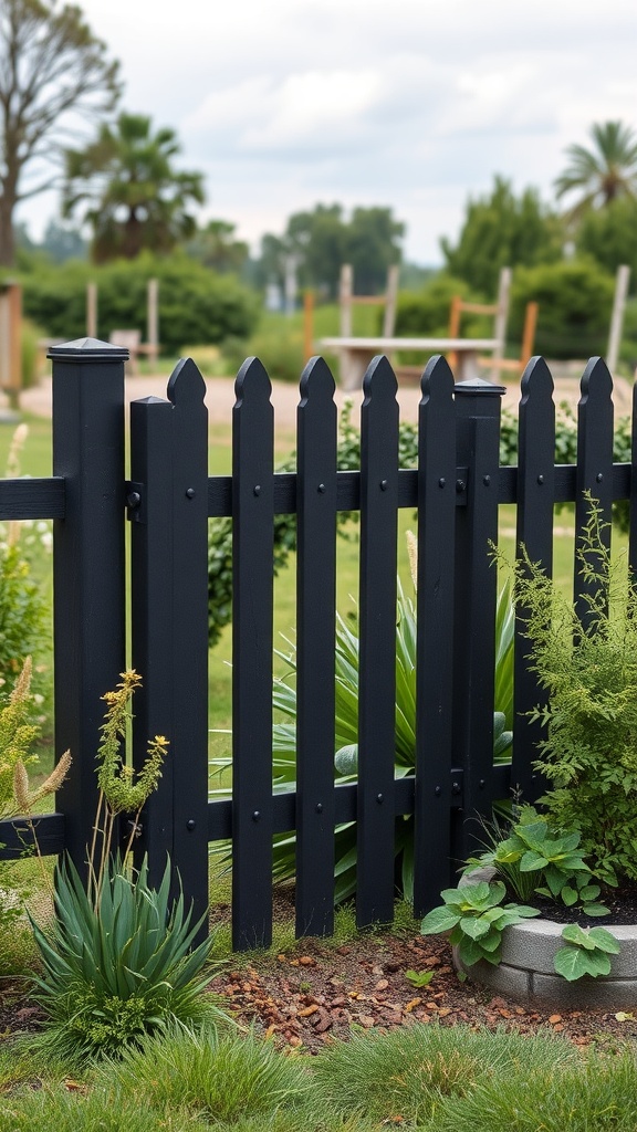 A rustic wooden black stained fence in a garden setting with greenery.