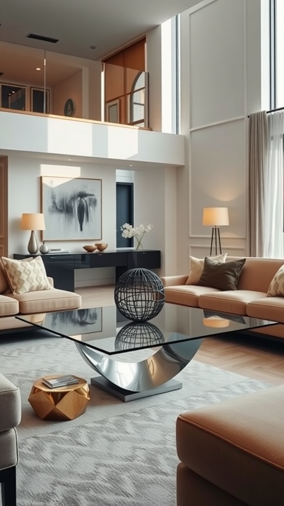 A stylish living room featuring a sculptural coffee table with a glossy finish.