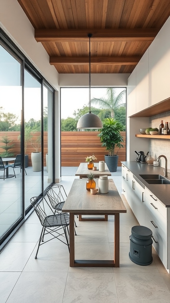 Modern kitchen with large glass doors leading to an outdoor patio, featuring wooden ceiling and elegant lighting.