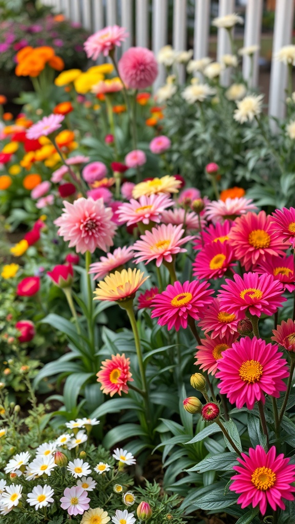 A colorful flower garden with various blooms in shades of pink, yellow, and orange.