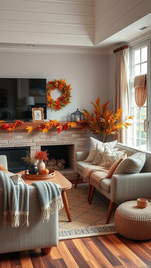 A cozy living room decorated for fall with a wreath and autumn-themed accents.