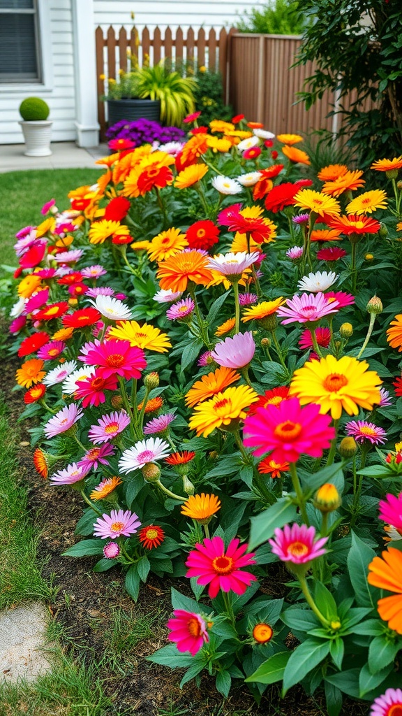 A vibrant flower bed filled with colorful gerbera daisies and zinnias.
