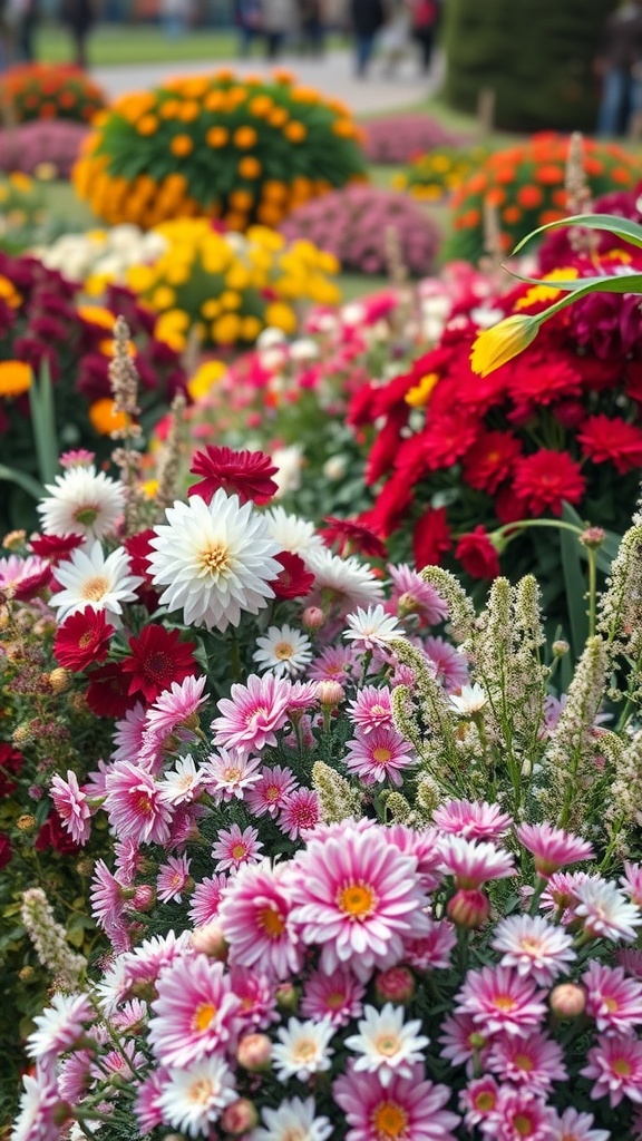 A colorful display of seasonal flowers including marigolds, daisies, and chrysanthemums.