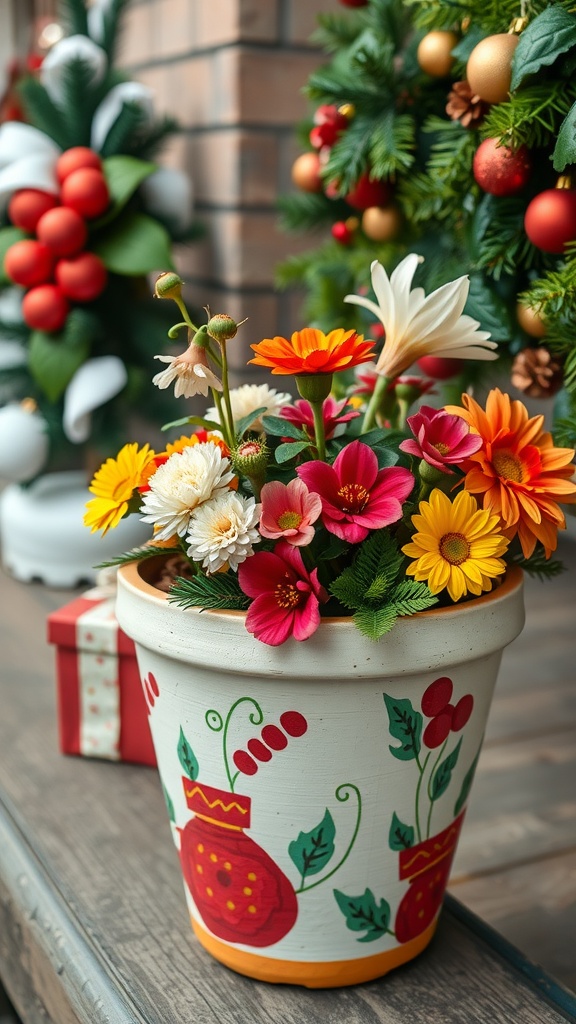 A painted flower pot with colorful flowers, surrounded by holiday decorations.