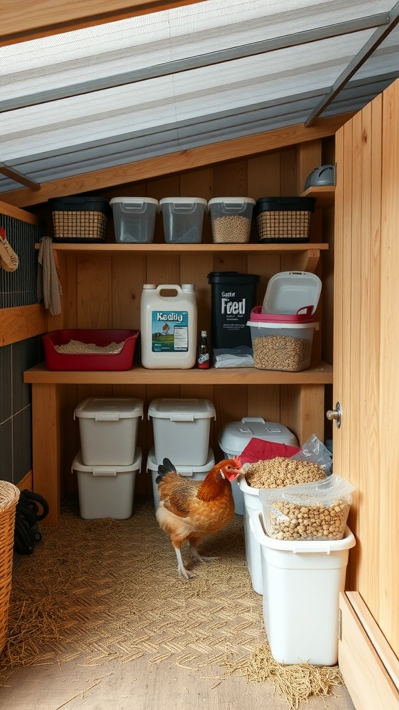 A well-organized chicken coop storage area with various containers and a hen.