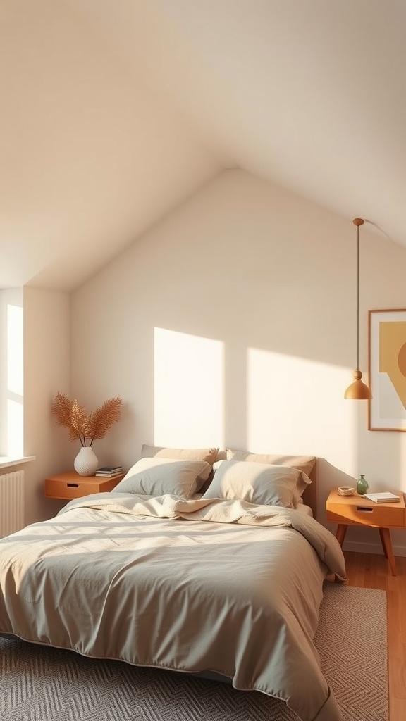 A serene bedroom with a sloped ceiling, featuring light beige bedding, warm wood accents, and natural decor.