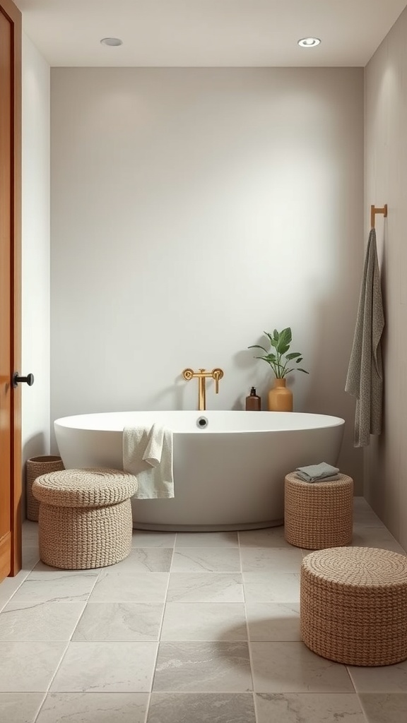 A serene Japandi-style bathroom featuring neutral walls, a white bathtub, woven stools, and greenery.