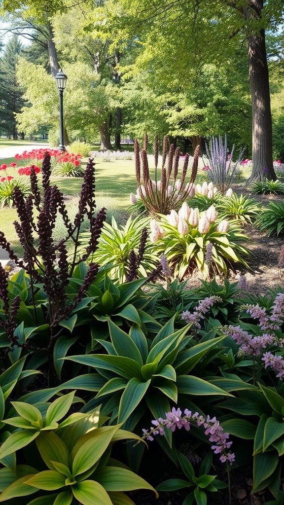 A vibrant flower bed featuring various shade-tolerant plants.
