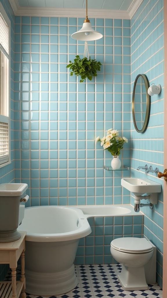 A vintage-inspired bathroom with sky blue tiles, white fixtures, and a hanging plant.