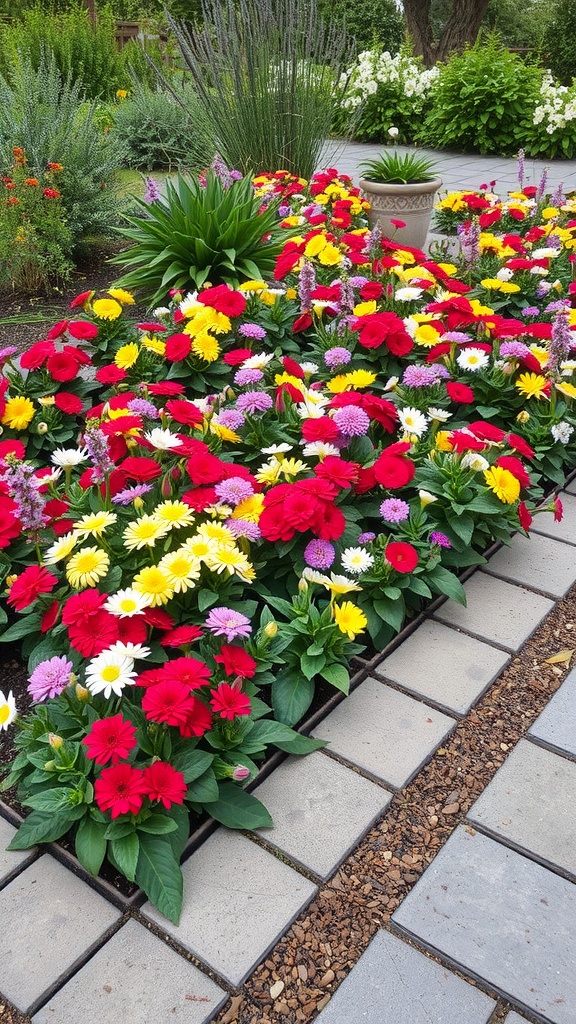 Flower bed bordered with slate tiles featuring colorful flowers like red, yellow, and purple