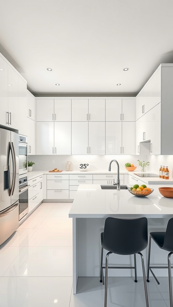 A sleek, modern all-white kitchen featuring glossy cabinets, a large island with a fruit bowl, and stylish bar stools.