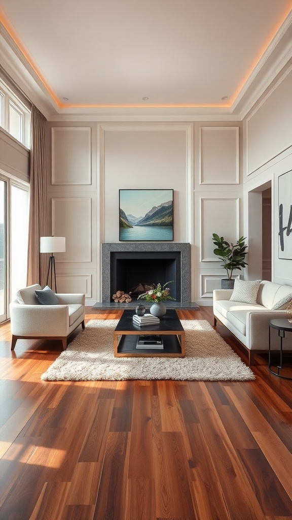 A stylish living room with sleek hardwood flooring, modern furniture, and elegant decor.