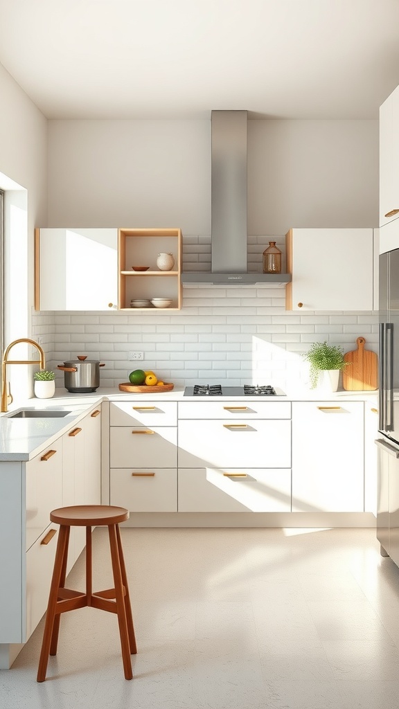 A bright and airy kitchen with minimalist white cabinetry and a wooden stool