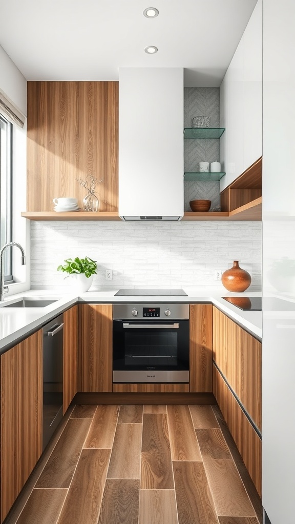 Modern kitchen with white cabinets and textured wood finishes.