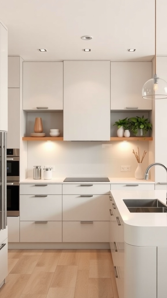 A sleek modern kitchen with minimalist design, featuring smooth white cabinetry, wood accents, and stylish lighting.