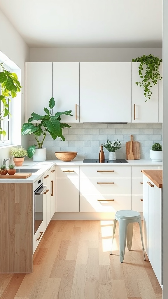 A sleek Scandinavian kitchen featuring white cabinetry, wood accents, and green plants.