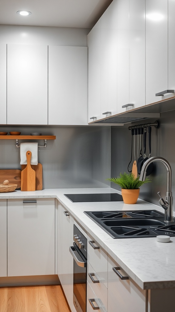 A modern kitchen with a stainless steel backsplash and white cabinets.