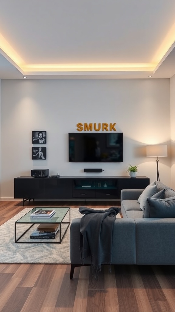 A luxurious living room featuring smart home technology with modern furniture and decor.