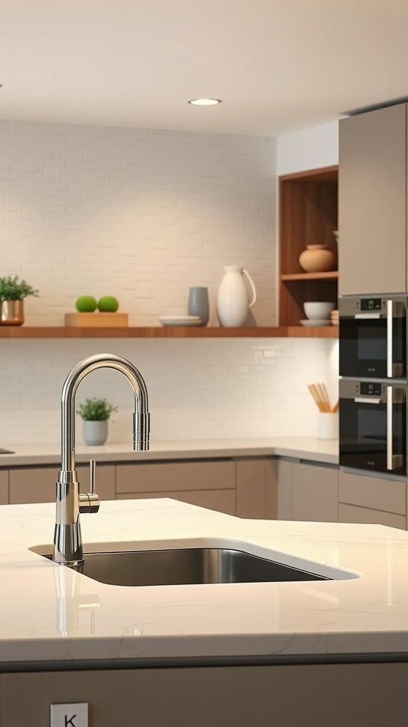 A modern kitchen featuring a stylish sink faucet and integrated appliances with a clean and minimalist design.