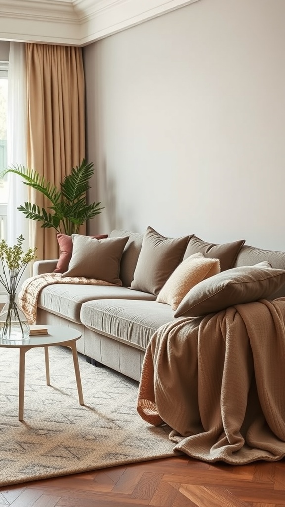 A cozy living room with a soft sofa, pillows, and blanket, creating a warm atmosphere.