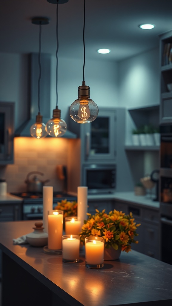 A cozy kitchen with hanging light bulbs and candles on the countertop creating soft lighting.