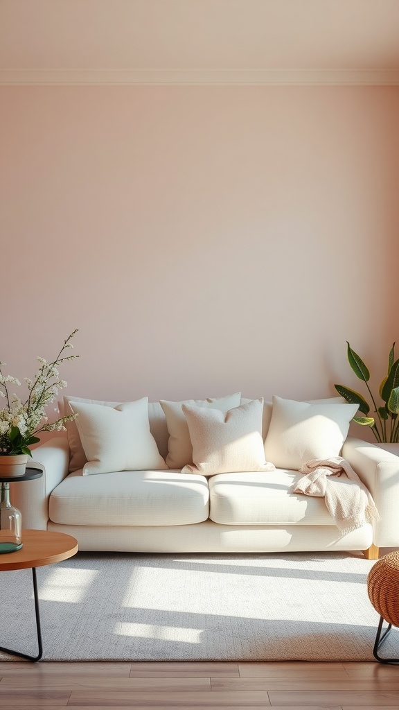 A cozy living room featuring a soft pastel color palette with a light pink wall, white sofa, and natural elements.