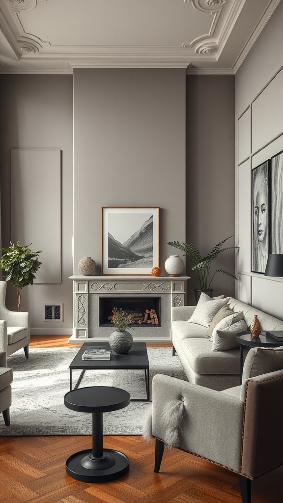 A beautifully decorated living room featuring neutral tones and elegant furniture.