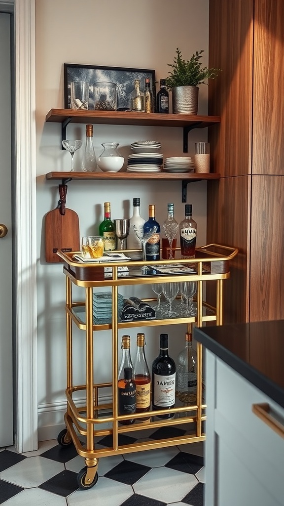 A stylish golden bar cart with various bottles and glasses in a small kitchen setting.