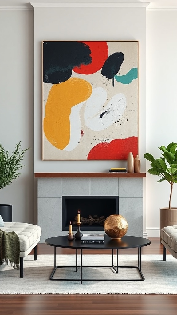 A stylish living room featuring a large abstract painting with vibrant colors above a modern fireplace.