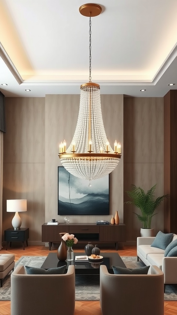 Elegant chandelier hanging in a stylish living room with modern decor.