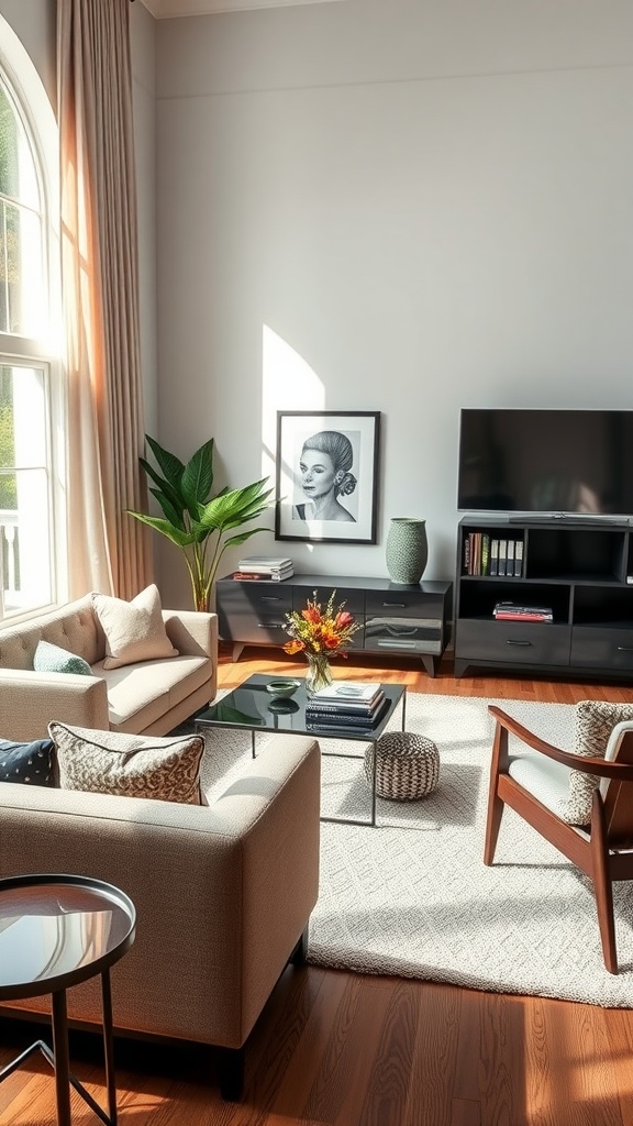 A stylish living room featuring comfortable seating, a coffee table, and decorative elements.